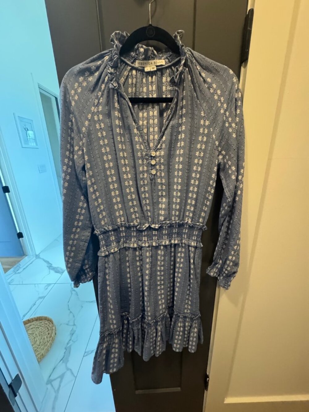 Veronica Beard Blue Floral Embroidered Smocked Mini Dress - S